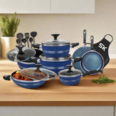 16 Pieces Marble Coated Daisy Cookware Gift Pack – Blue | Premium Non-Stick Cookware Set