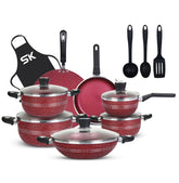 16-Piece Marble Coated Daisy Cookware Gift Set – Maroon | Non-Stick Premium Cookware