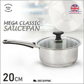 Mega Steel Sonex Heavy Weight Stainless Steel Saucepan with Glass Lid - 16/18/20cm