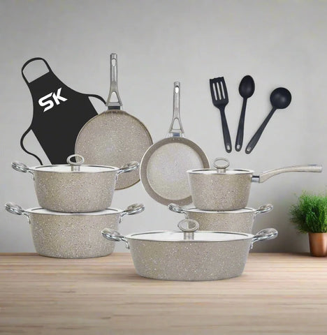 16-Piece Marble Coated Signature Cookware Gift Pack – Beige | Premium Non-Stick Cooking Set