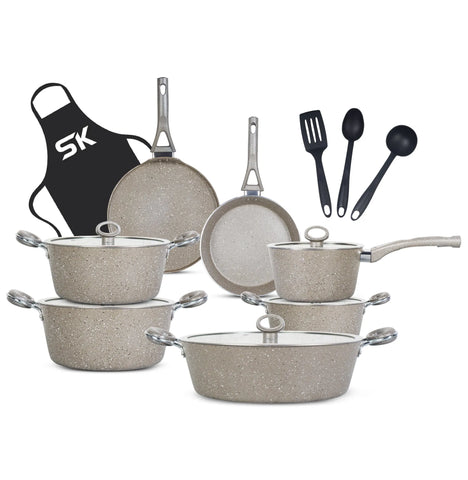 16-Piece Marble Coated Signature Cookware Gift Pack – Beige | Premium Non-Stick Cooking Set