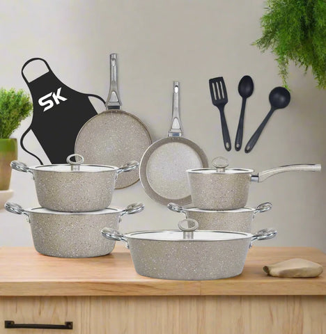 16-Piece Marble Coated Signature Cookware Gift Pack – Beige | Premium Non-Stick Cooking Set