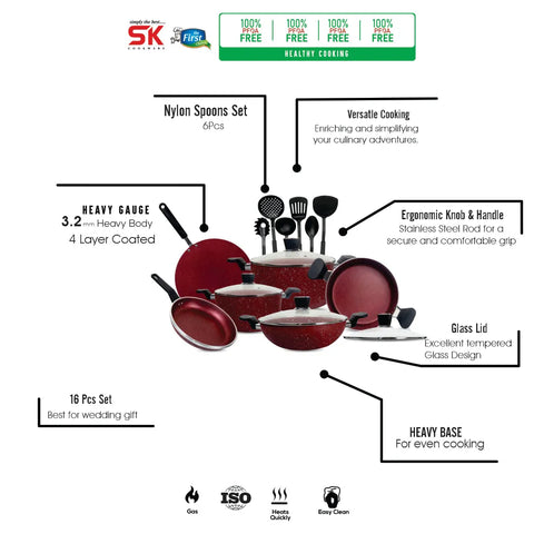 16-Piece Marble Coated Copper Cookware Gift Pack Set – Maroon | Premium Non-Stick Cookware