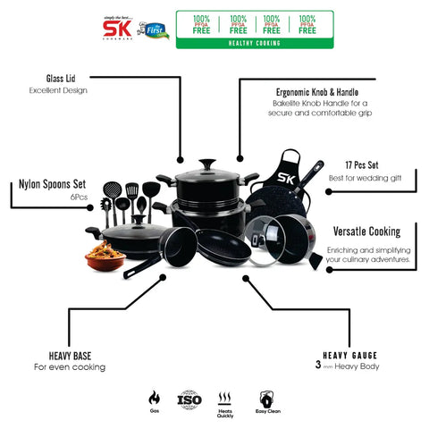 17-Piece Elite Non-Stick Marble Coated Cookware Gift Pack – Black | Premium Kitchen Set