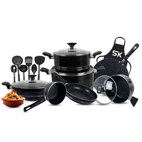 17-Piece Elite Non-Stick Marble Coated Cookware Gift Pack – Black | Premium Kitchen Set