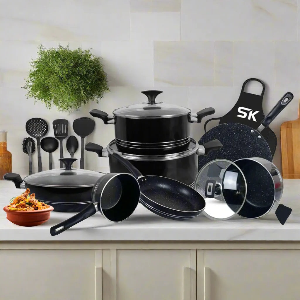 17-Piece Elite Non-Stick Marble Coated Cookware Gift Pack – Black | Premium Kitchen Set
