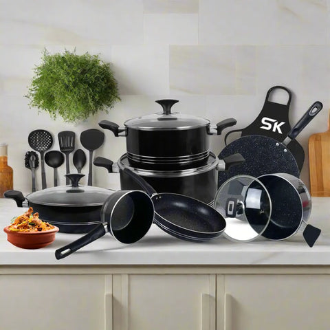 17-Piece Elite Non-Stick Marble Coated Cookware Gift Pack – Black | Premium Kitchen Set