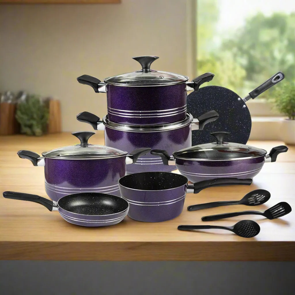 17-Piece Non-Stick Marble Coated Elite Cookware Gift Pack – Purple | Premium Kitchen Set