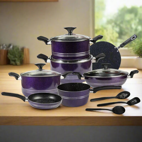 17-Piece Non-Stick Marble Coated Elite Cookware Gift Pack – Purple | Premium Kitchen Set
