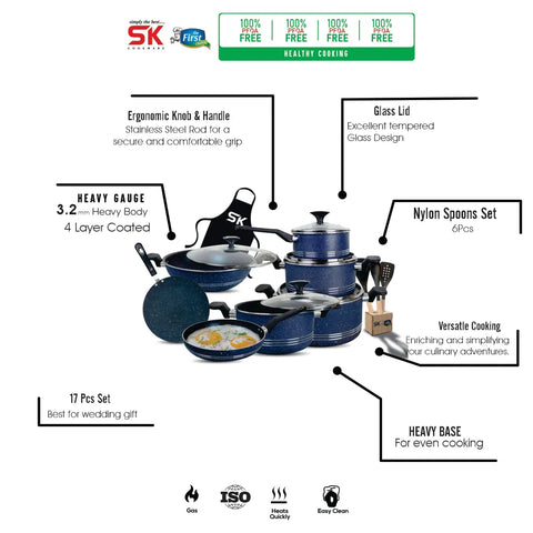 17-Piece Non-Stick Marble Coated Superior Cookware Gift Set – Blue | Premium Cooking Set