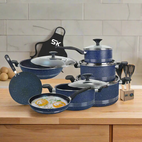 17-Piece Non-Stick Marble Coated Superior Cookware Gift Set – Blue | Premium Cooking Set