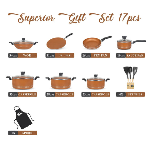 17-Piece Non-Stick Marble Coated Superior Cookware Gift Set – Copper Gold | Premium Cooking Set