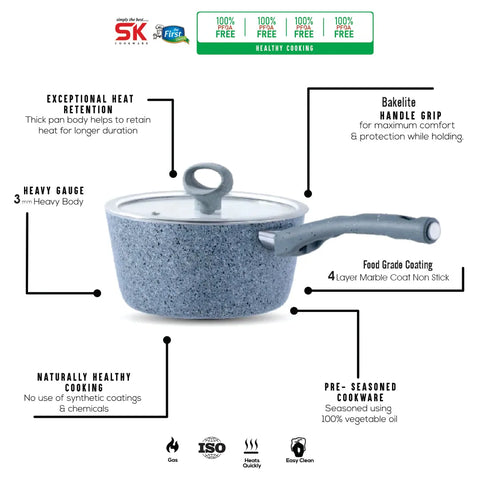 18cm Non Stick Marble Coated Signature Sauce Pan – Grey | Premium Cooking Pot