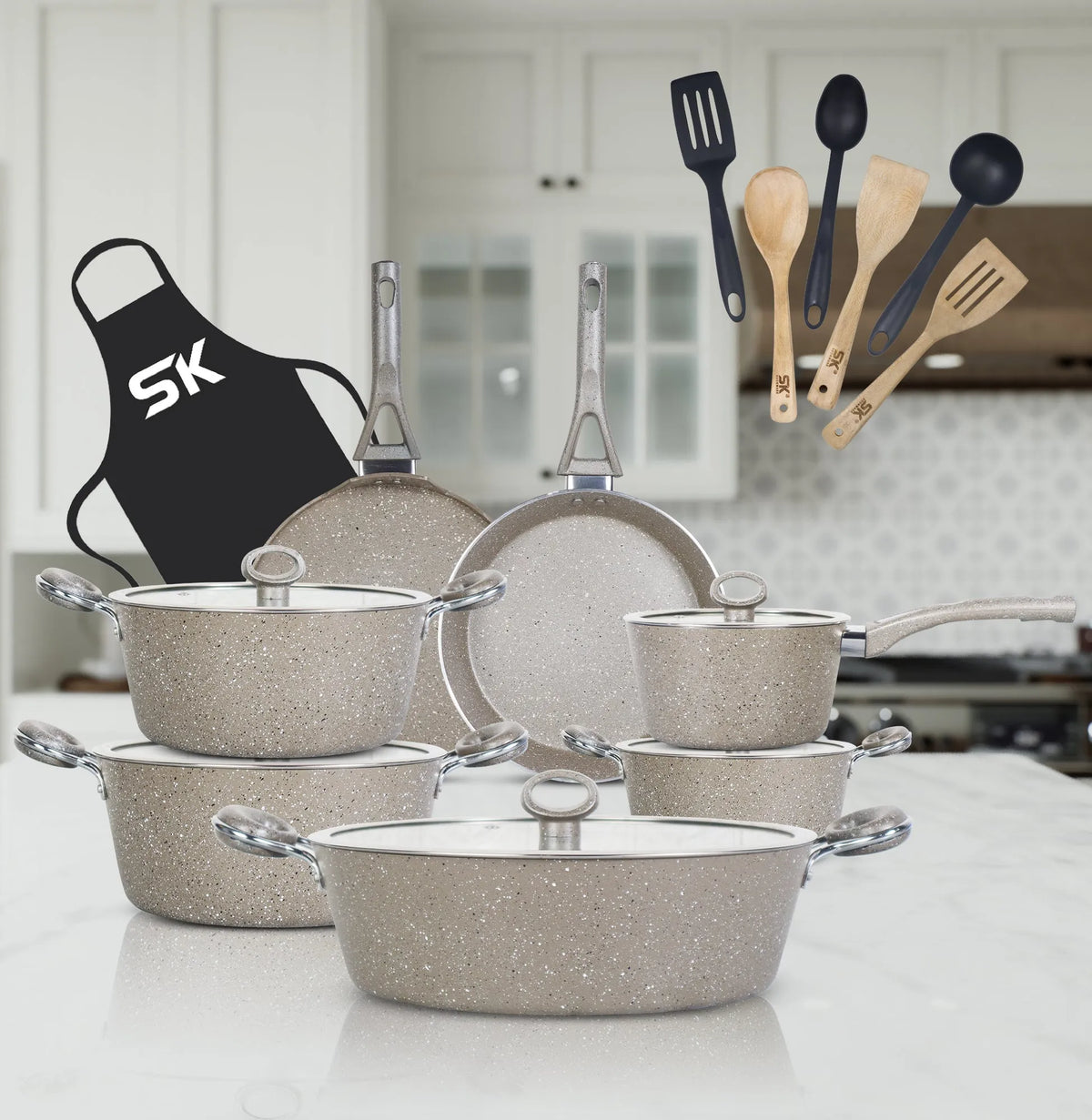 20-Piece Marble Coated Signature PLUS Cookware Gift Set – Beige | Premium Non-Stick Kitchen Set