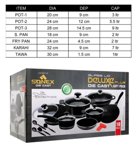 Sonex Deluxe Plus Gift Pack – 18 Pieces, Die-Cast PTFE Non-Stick Coating with Glass Lid