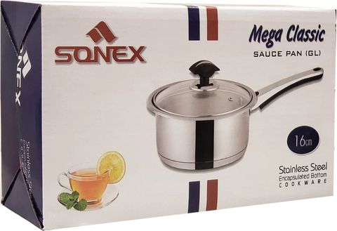 Mega Steel Sonex Heavy Weight Stainless Steel Saucepan with Glass Lid - 16/18/20cm