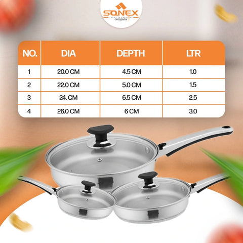 Supreme Steel Sonex Fry Pan with Heavy Base - Superior Heat Distribution for Perfect Cooking (20/22/24cm)